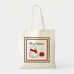 Happy Polar Bear in Red Scarf, Christmas Cartoon Tote Bag