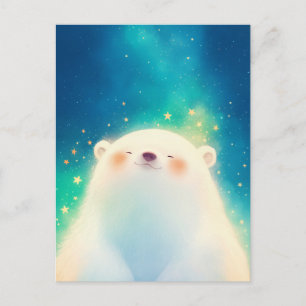 Happy Polar Bear in Starry Teal Sky Postcard