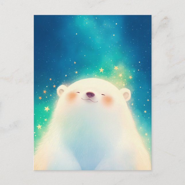 Happy Polar Bear in Starry Teal Sky Postcard (Front)