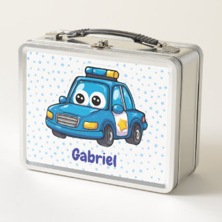 Happy Police Car, Boys, Personalised Blue Metal Lunch Box