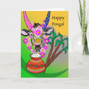 Happy Pongal, Decorated Cow, Pongal Rice, Sugar Card