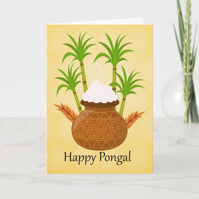 Happy Pongal, with a Pot Of Rice And Plants Card (Front)