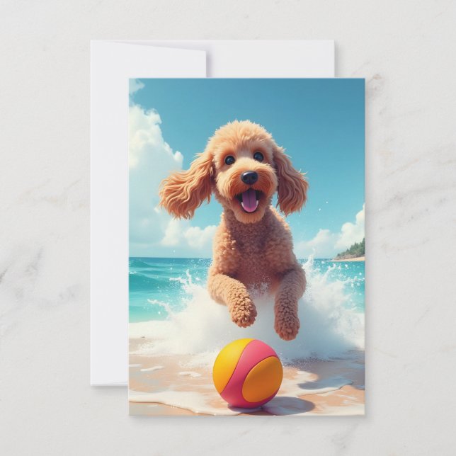 Happy Poodle at the Beach Note Card (Front)