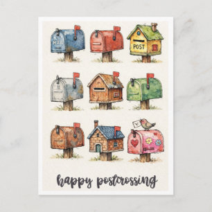 Happy Postcrossing Watercolor Mailbox Illustration Postcard