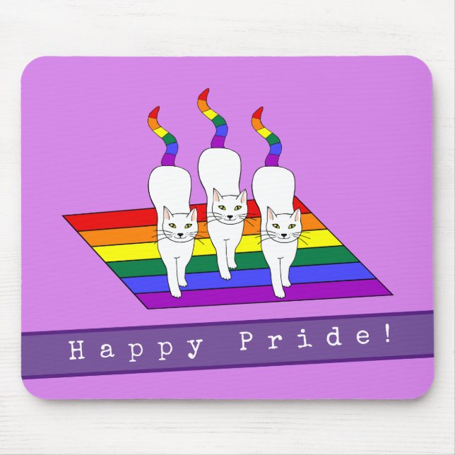 Happy Pride LGBT Cats With Rainbow Flag Mouse Mat (Front)