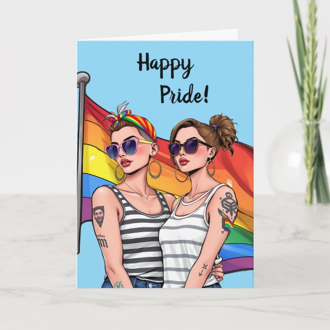 Happy Pride LGBTQ Lesbian Rainbow Flag Card (Front)