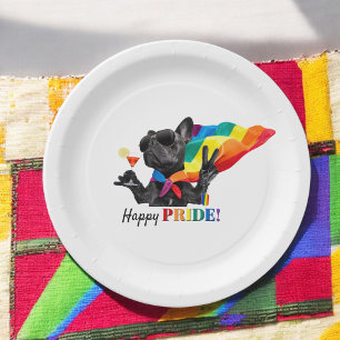 Happy Pride Party Dog in Rainbow Cape Paper Plate