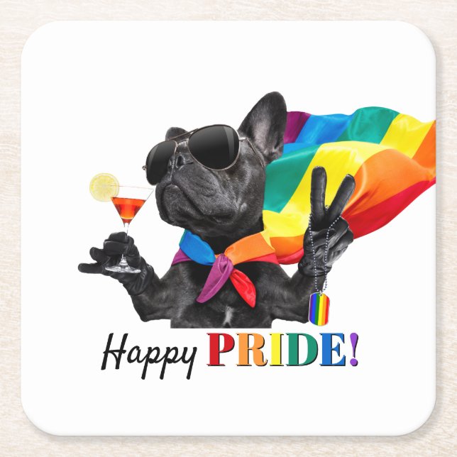 Happy Pride Party Dog in Rainbow Cape Square Paper Coaster (Front)