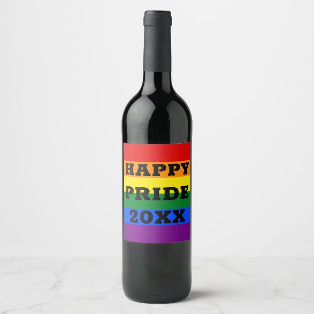 Happy Pride with Year Gay LGBTQ Rainbow Flag Wine Label (Front)