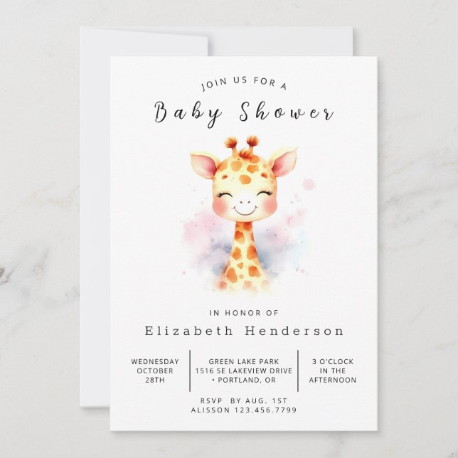 Happy Printable Giraffe Baby Shower  Invitation (Front)