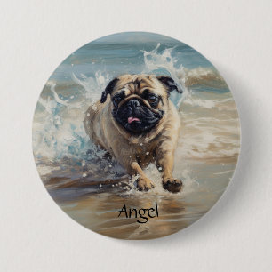 Happy Pug at the Beach customisable 7.5 Cm Round Badge