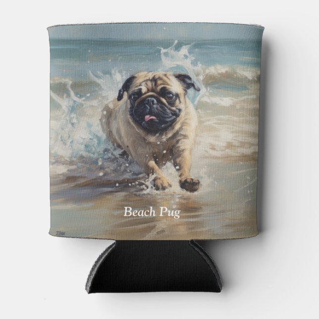 Happy Pug  at the Beach customisable Can Cooler (Front)