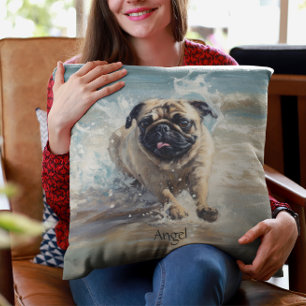 Happy Pug at the Beach customisable Cushion
