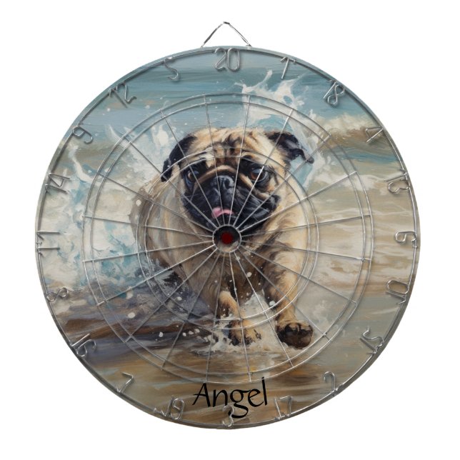Happy Pug  at the Beach customisable Dartboard (Front)