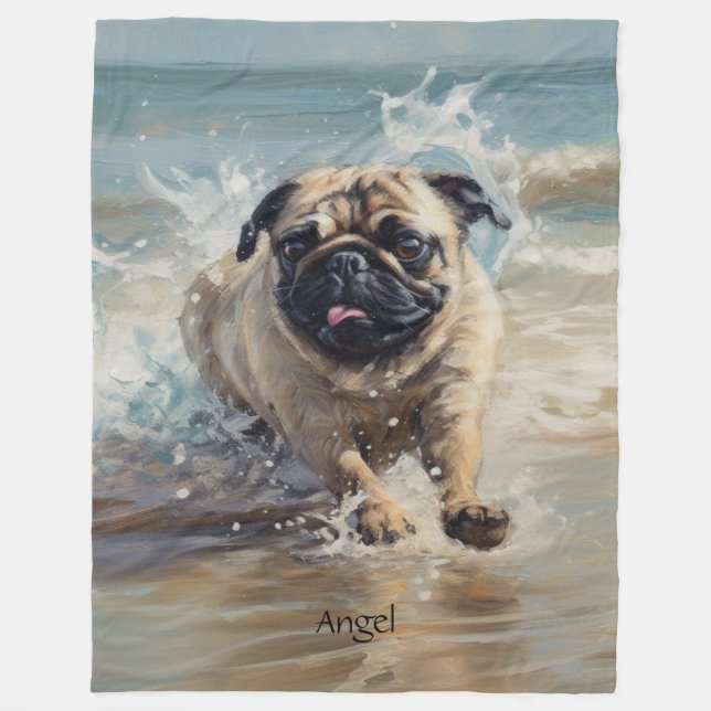 Happy Pug  at the Beach customisable Fleece Blanket (Front)