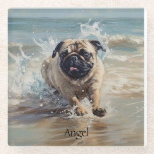 Happy Pug at the Beach customisable Glass Coaster
