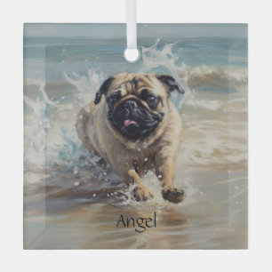 Happy Pug at the Beach customisable Glass Tree Decoration