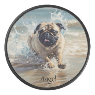 Happy Pug  at the Beach customisable Hockey Puck