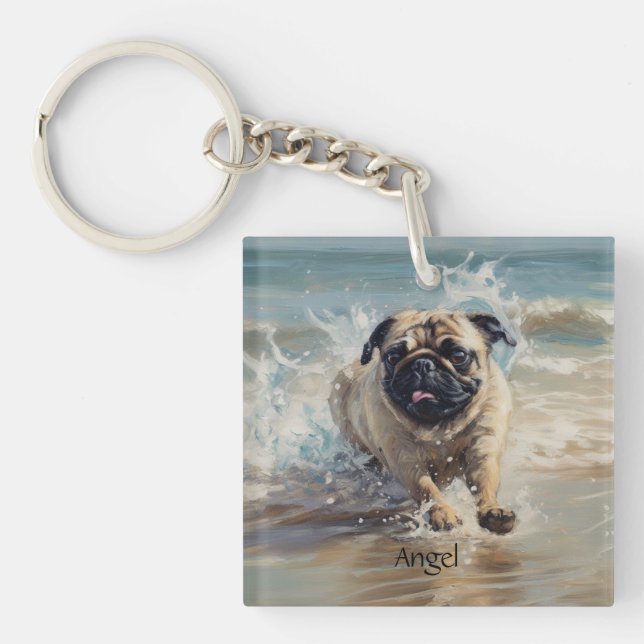 Happy Pug  at the Beach customisable Key Ring (Front)