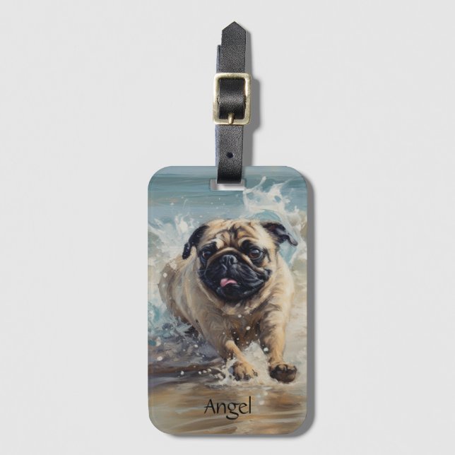 Happy Pug  at the Beach customisable Luggage Tag (Front Vertical)