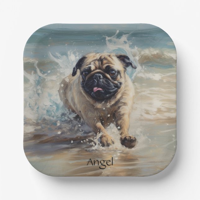 Happy Pug  at the Beach customisable Paper Plate (Front)