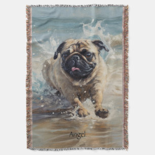 Happy Pug at the Beach customisable Throw Blanket