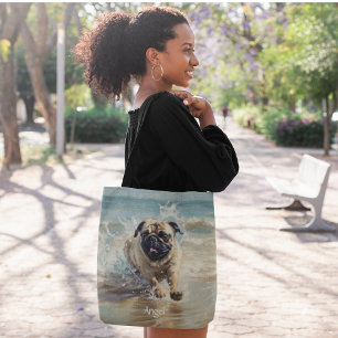 Happy Pug at the Beach customisable Tote Bag