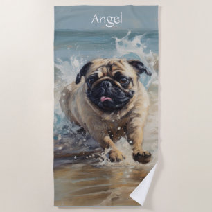 Happy Pug  at the Beach customisable Towel