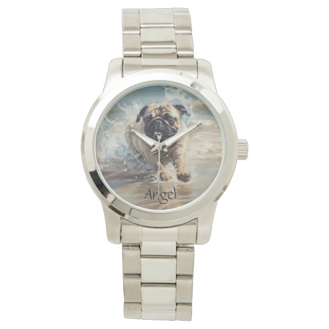 Happy Pug  at the Beach customisable Watch (Front)