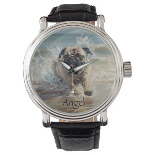 Happy Pug  at the Beach customisable Watch