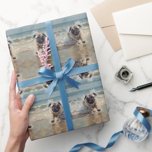 Happy Pug  at the Beach customisable Wrapping Paper (Gifting)