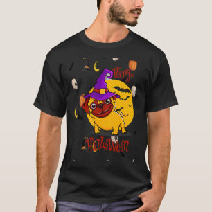 Happy Pug Halloween Pumpkins Bats Witch Hats Ghost T-Shirt