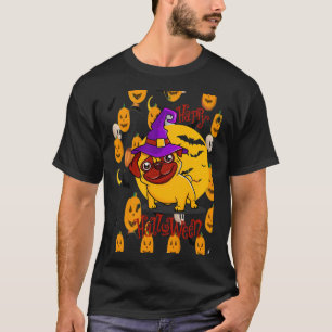 Happy Pug Halloween Pumpkins Bats Witch Hats Ghost T-Shirt
