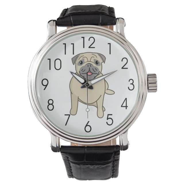 Happy Pug Sitting Down, Digital Illustration Watch (Front)