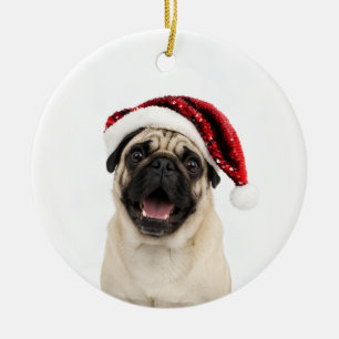 Happy Pug Wearing Sparkly Red Santa Hat Christmas Ceramic Tree Decoration