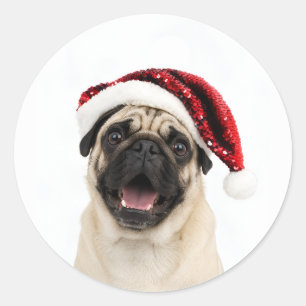 Happy Pug Wearing Sparkly Red Santa Hat Christmas Classic Round Sticker