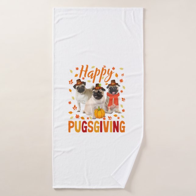 Happy Pugsgiving Cute Thanksgiving Pug Dog Wears P Bath Towel (Bath Towel)