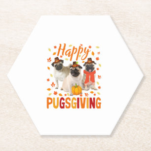 Happy Pugsgiving Cute Thanksgiving Pug Dog Wears P Paper Coaster