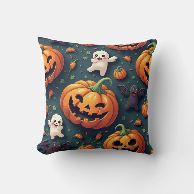 Happy Pumpkin and Ghost Halloween Cushion (Front)