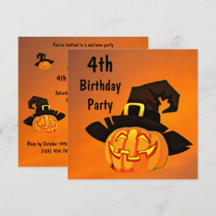 Happy Pumpkin In Witches Hat 4th Birthday Invitation