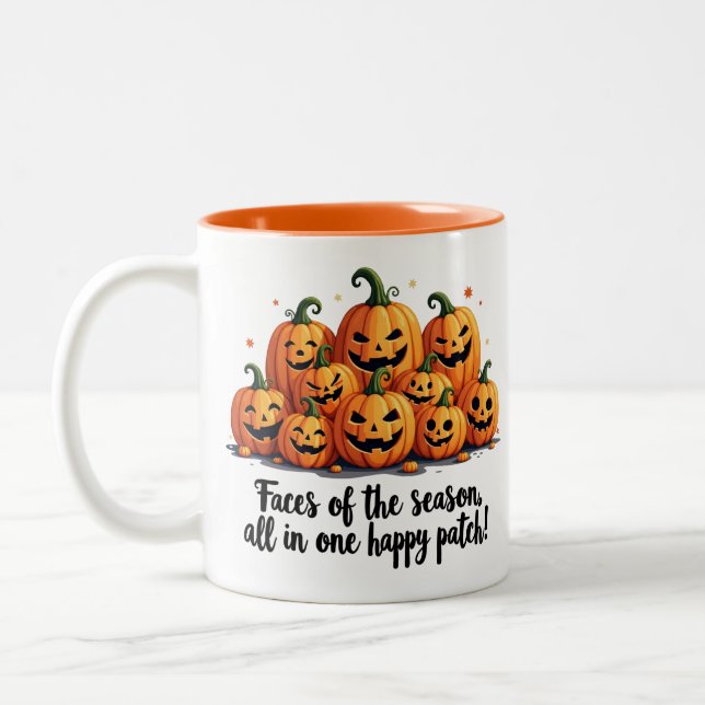 Happy Pumpkin Patch Faces Two-Tone Coffee Mug (Left)