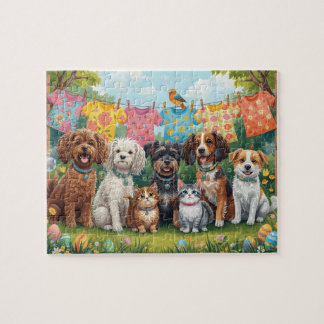 Happy Puppies and Kittens in Spring Garden Jigsaw Puzzle
