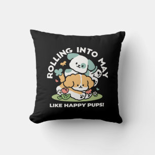 Happy Puppies Rolling Into May – Kawaii Dog Art Cushion