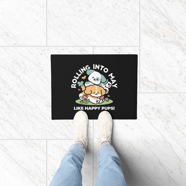 Happy Puppies Rolling Into May – Kawaii Dog Art Doormat (Indoor)
