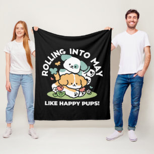 Happy Puppies Rolling Into May – Kawaii Dog Art Fleece Blanket