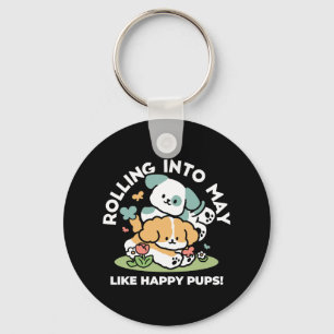 Happy Puppies Rolling Into May – Kawaii Dog Art Key Ring