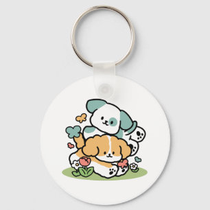 Happy Puppies Rolling Into May – Kawaii Dog Art Key Ring