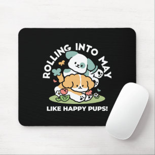 Happy Puppies Rolling Into May – Kawaii Dog Art Mouse Mat