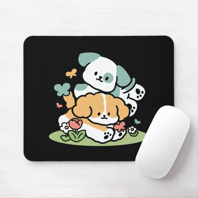 Happy Puppies Rolling Into May – Kawaii Dog Art Mouse Mat (With Mouse)
