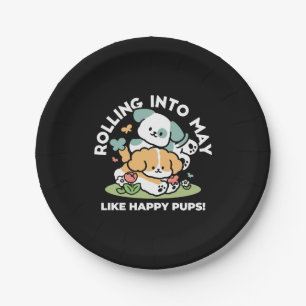 Happy Puppies Rolling Into May – Kawaii Dog Art Paper Plate
